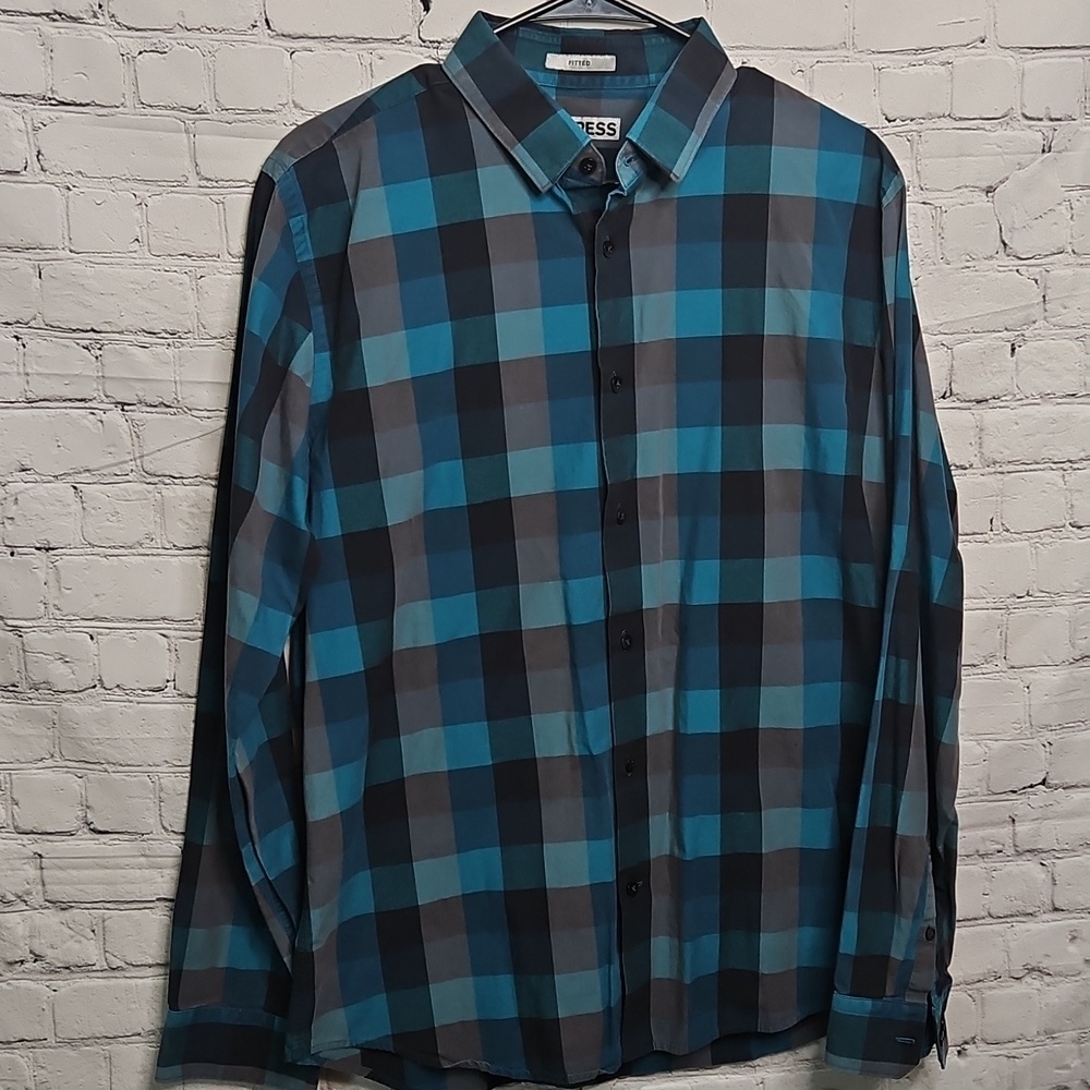 EXPRESS Blue Black Plaid Cotton Button Down Shirt Large